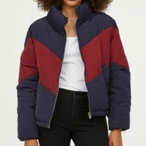 H&M Navy Blue and Red/Burgundy Stripe Puffer Jacket Coat, Size Small